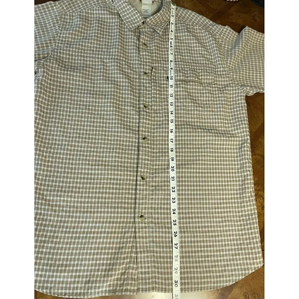 The North Face Short Sleeve Beige Plaid Shirt Hook & Loop Zip Pockets Men's Sz M